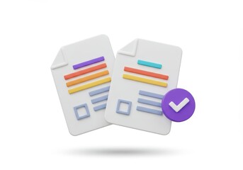 A 3D illustration of two white documents with colorful lines of text accompanied by a purple checkmark icon