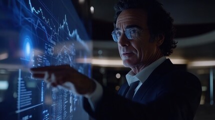 Businessman analyzing data on a futuristic interactive screen.