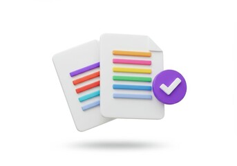A 3D illustration of two white documents with colorful lines of text accompanied by a purple checkmark icon