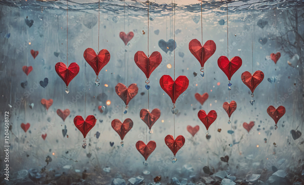 Poster series of paper hearts hanging from the ceiling. the hearts are red and are hanging from strings. th