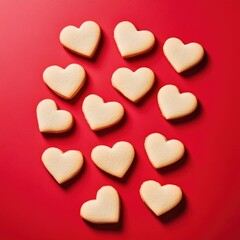 Obraz premium A plate of heart-shaped cookies arranged in a circle on a bright red surface