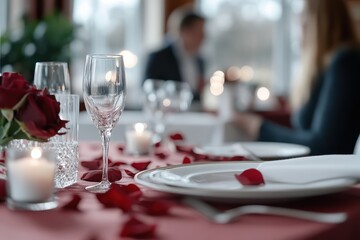 Obraz premium A beautifully set dinner table adorned with elegant glassware, rose petals, and soft candlelight, creating a romantic atmosphere perfect for a special occasion or date night.