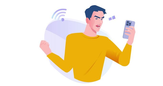 Social media user. Moving banner with angry man unhappy about lack of internet connection on smartphone. Character trying to catch network to access Internet. Cartoon flat animated graphics