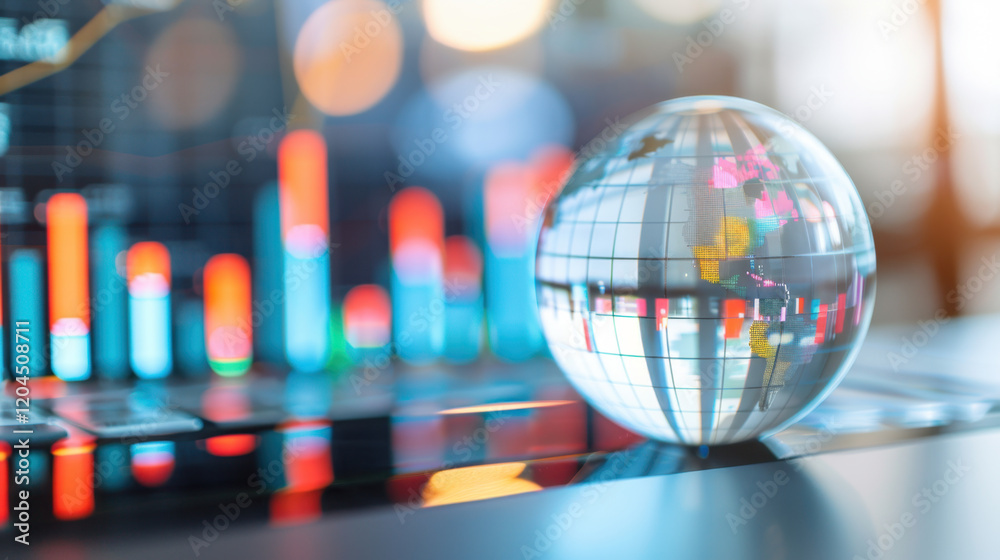 Poster reflective globe sits on digital display with colorful graphs and charts, symbolizing global data an
