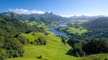 Naklejka premium Serene valley landscape, lake, green hills, mountains, clouds, travel postcard