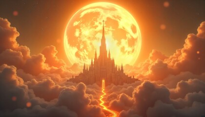 Fototapeta premium Fantastic city descends from heavens. Futuristic architecture gleams with divine light. City floats in clouds. New heaven, earth form stunning backdrop. Holy building looks ancient, beautiful.