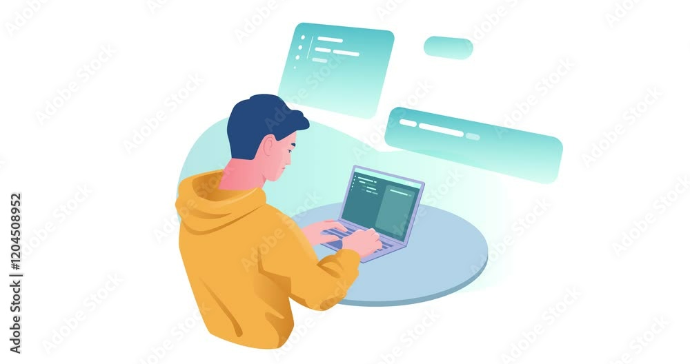 Poster software development. moving banner with male programmer sitting at his desk and creating website or