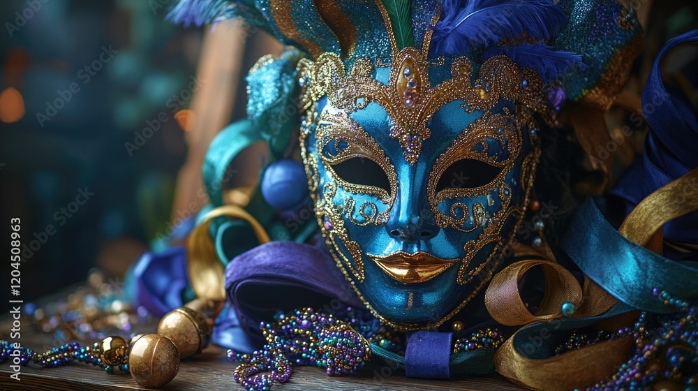 Poster a close-up shot of a mask sitting on a table, perfect for use in still life photography or as a prop