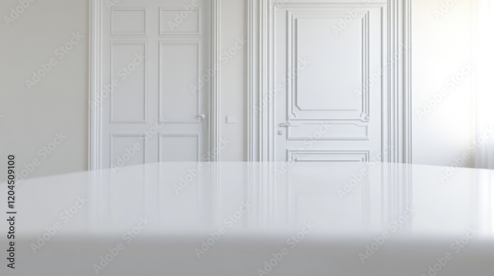 Poster a simple white table in a quiet room with a closed door at the back