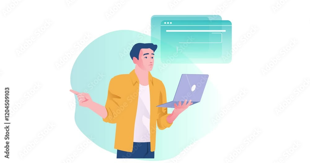 Poster software development. moving banner with male programmer creating digital program, testing code and 