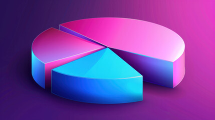 3D pie chart in vibrant pink and blue colors on gradient background, representing data visualization and analysis