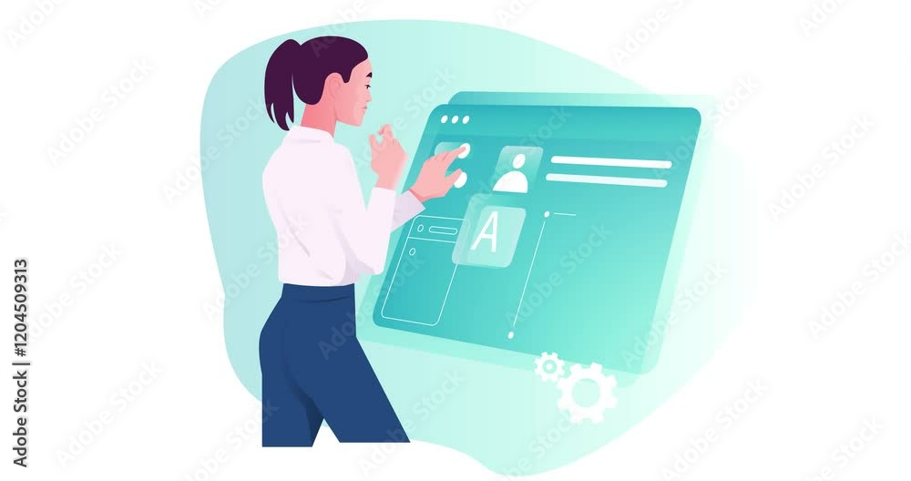 Poster software development. moving banner with female engineer developing user interface of website or dig