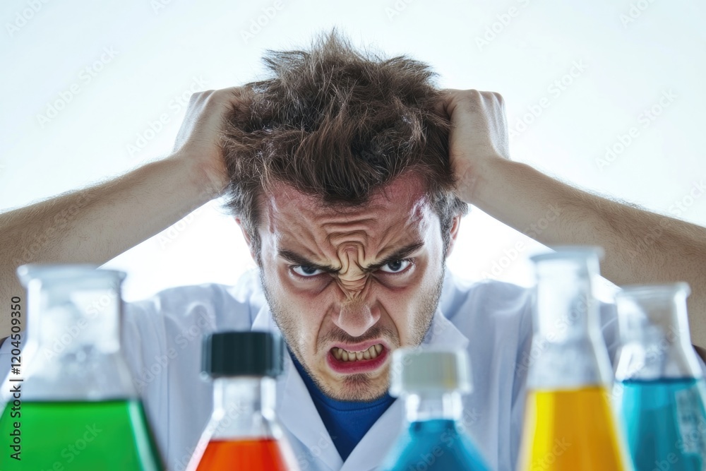 Poster A scientist standing in a laboratory, frustrated with an experiment gone wrong