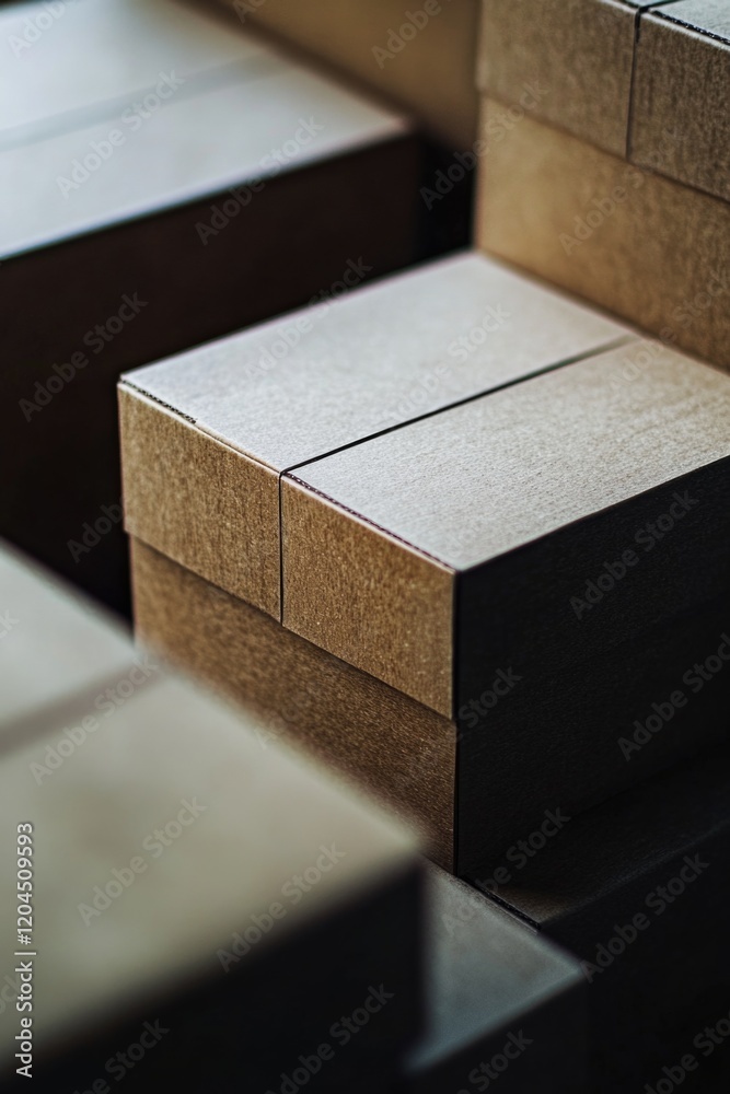 Poster Stacked containers and boxes on a table surface, possibly for storage or organization