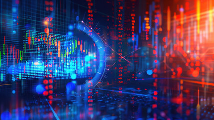 Obraz premium Abstract digital financial data visualization with graphs and charts, showcasing market trends and analytics in vibrant colors