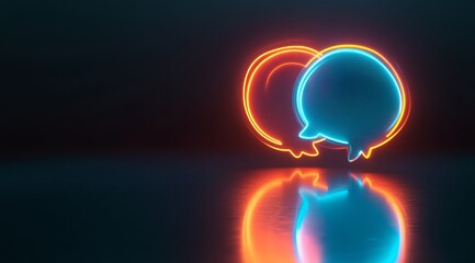 Obraz premium Neon glowing speech bubbles reflecting on dark surface.
