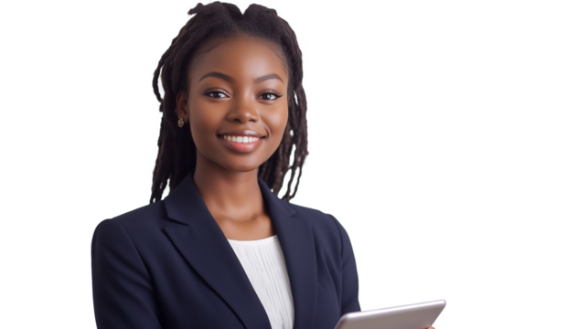 Modern career-focused woman in a sleek navy jumpsuit