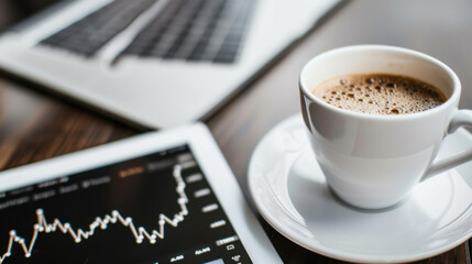 laptop and tablet displaying financial data alongside cup of coffee create productive workspace atmosphere