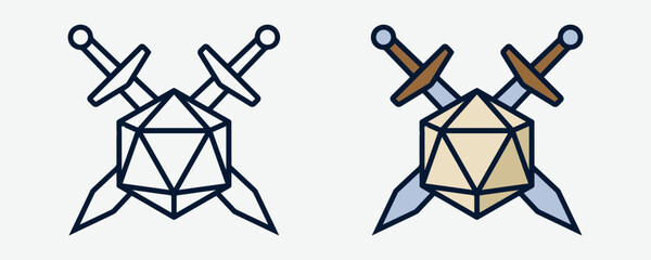 Crossed Swords with 20 sided / d20 or 20d dice line vector icon for apps and websites
