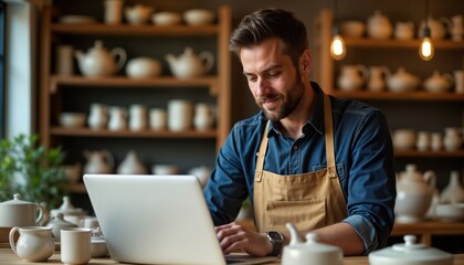Fototapeta premium Man in apron manages online orders on laptop in creative ceramic shop. Confident, focused on tech solutions for small business. Ceramic products displayed in background. Entrepreneurial spirit,