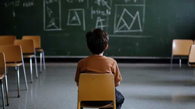 A boy sits in a yellow chair in front of a green chalkboard with math equations on it - Powered by Adobe