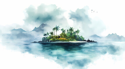 Naklejka premium Haunted pirate island, cursed gold buried deep, eerie mist, watercolor style. Enchanted Island. Illustration
