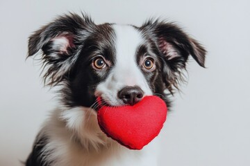 Fototapeta premium A loyal dog holds a red heart in its mouth, showcasing its loyalty and affection