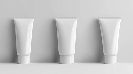 Three blank white cosmetic tubes on white background.