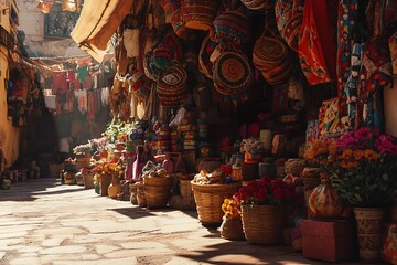 Fototapeta premium Vibrant Artisan Market Alleyway with Colorful Crafts