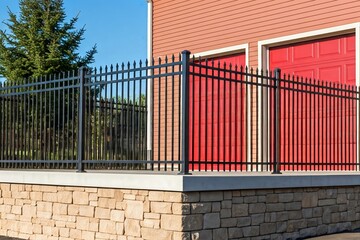 Black metal fence with a red garage door