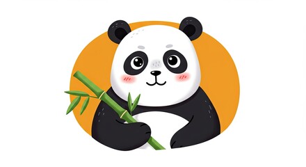 Obraz premium A fun sticker of a panda holding a bamboo stick, with a curious expression and rosy cheeks. 