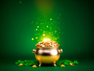 Sparkling pot of gold with shamrocks on mystical green background Happy St Patricks Day Saint Patrick - generated by ai