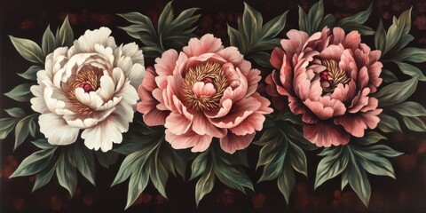 Vibrant pink and white peonies on dark background