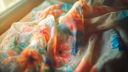 Fototapeta premium Florals in soft fabric bathed in gentle sunlight, radiating warmth and vibrant colors, evoke a sense of spring's delicate beauty.