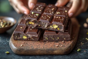 A close-up shot of a piece of chocolate on a cutting board, perfect for food or dessert images