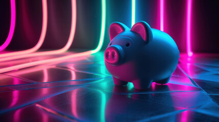 blue piggy bank stands against vibrant neon lights, symbolizing savings and financial growth. colorful background adds modern touch to concept of money management