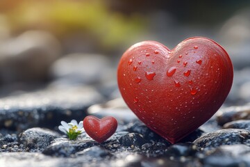 Obraz premium A small red heart perched atop a pile of rugged rocks, symbolizing love and resilience