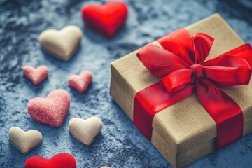 Fototapeta premium A beautifully wrapped gift box with a red ribbon and hearts scattered around, perfect for Valentine's Day or romantic occasions