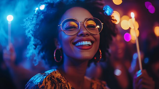 Joyful Celebration at a Nighttime Event With Colorful Lights and Happy Faces Captured in a Crowded Venue