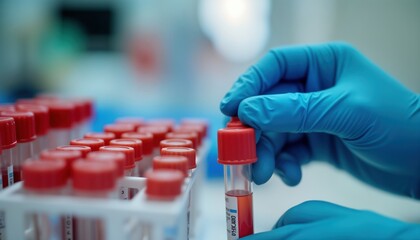 Lab tech carefully picks up blood sample tubes. Technician wears protective gloves. Blood samples in red-topped tubes ready for testing in lab. Healthcare worker in clinical setting. Diagnostic