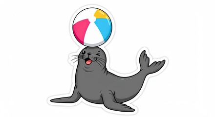A sticker of a seal balancing a bright, colorful beach ball on its nose while winking mischievously.

