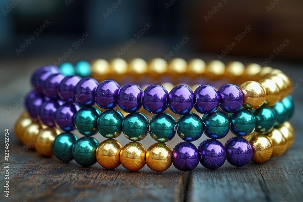 Poster A close-up view of a selection of beads on a table, suitable for various uses such as crafting or product displays