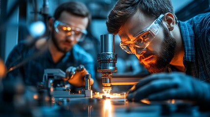 Focused Professionals Conduct Precision Work in a Modern Laboratory Setting During Evening Hours