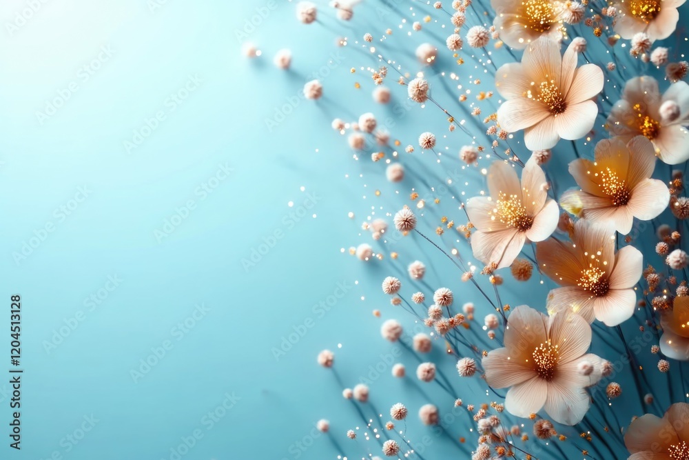 Poster a beautiful bouquet of colorful flowers against a bright blue background, perfect for adding a touch