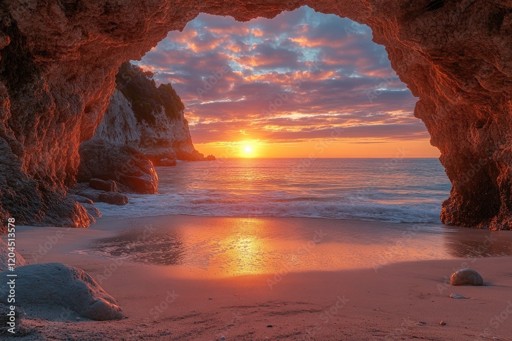 Aufkleber a cave on the beach with the sun setting in the background