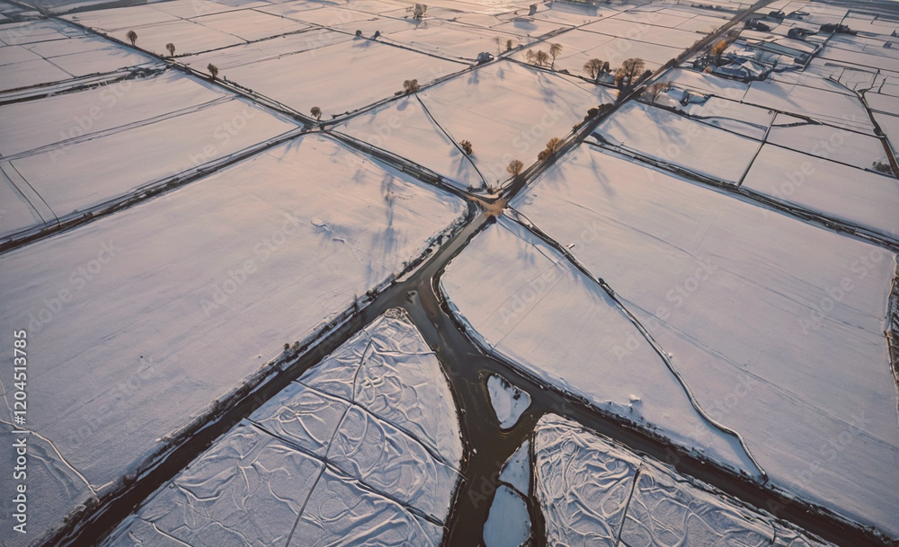 Poster snowy field with a river running through it. the river is frozen and the snow is covering the ground