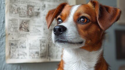 A close-up photo of a dog with a newspaper in the background, great for pet-related or news-themed projects