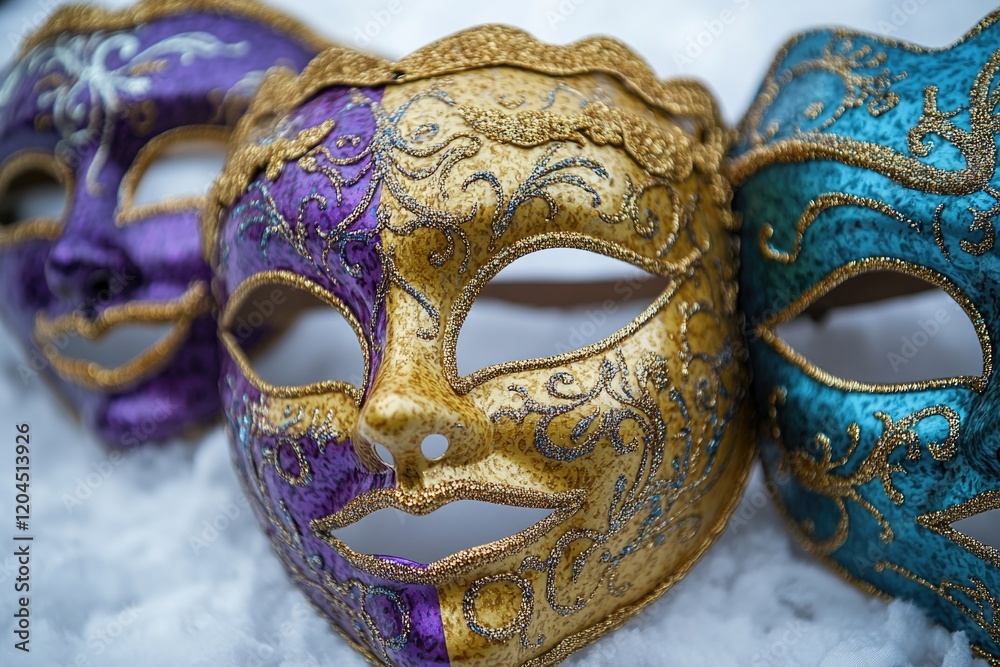 Poster close-up shot of three distinct colored masks
