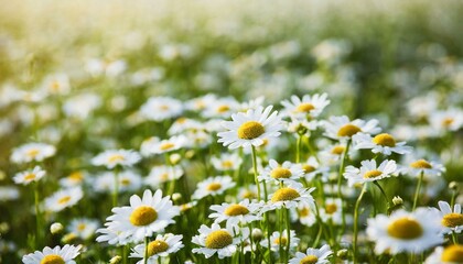 Fototapeta premium Camomile.Chamomile flower field.Field of camomiles at sunny day at nature.Spring, summer background. Meadow flowers. Medicinal plant.