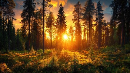 Obraz premium Sunset illuminating pine forest, golden light, nature scene, serene landscape, background for calm mood